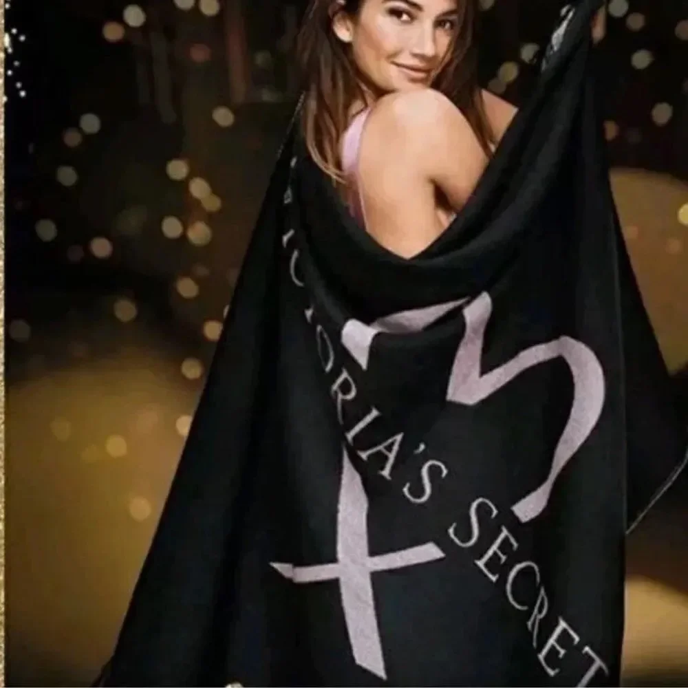 Victoria’s Secret black and pink throw blanket with fringe